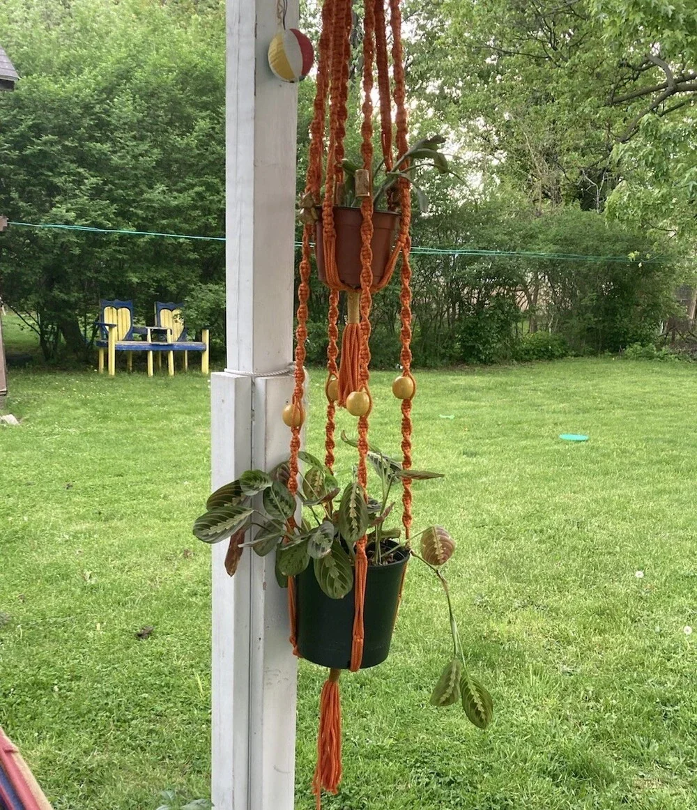 VTG 70s Macrame Double Plant Holder with Owl Beads - 70